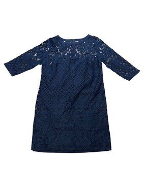 LOFT Lace Shift Dress Women's Size‎ 6 Inner Slip Navy Blue 3/4 Sleeves Business